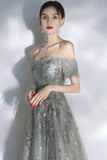 Grey sequins long A line prom dress evening dress HZ1023