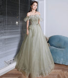 Green tulle sequins long prom dress A line evening dress HZ1023