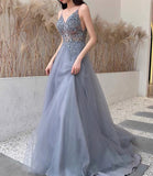 Blue tulle beads long prom dress blue evening dress HZ1023