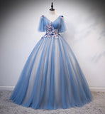 Blue v neck tulle long prom gown formal dress HZ1023