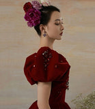 Burgundy velvet long prom dress evening gown HZ1023