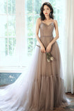 Stylish v neck tulle long A line prom dress evening dress HZ1023