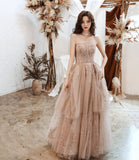 Cute tulle sequins long prom dress A line evening gown HZ1023
