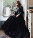 Black lace long prom dress A line evening gown HZ1023
