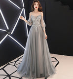 Gray tulle lace long A line prom dress evening dress HZ1023