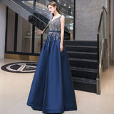 High quality v neck beads long prom dress blue evening dress HZ1023