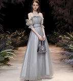 Grey tulle long prom dress grey evening dress HZ1023