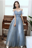Blue tulle beads long A line prom dress evening dress HZ1023