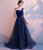 Blue v neck tulle sequins long prom dress blue evening gown HZ1023