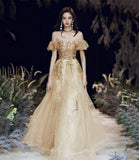 Gold sequins long prom dress A line evening dress HZ1023