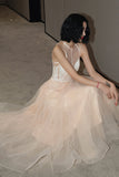 Cute tulle see through short prom dress champagne evening dress HZ1023