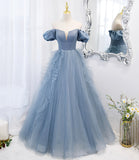 Blue tulle long prom dress blue evening dress HZ1023