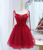 Burgundy tulle lace-up short prom dress party dress HZ1023
