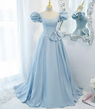 Blue saitn long A line prom dress blue evening dress HZ1023