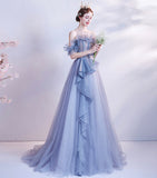 Blue tulle sequins long ball gown dress formal dress HZ1023