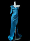 Green/blue/pink simple fashion elegant sweetheart neckline one shoulder long satin sexy slit floor-length ball gown evening dress prom dress HZ1023