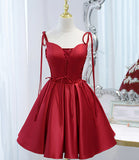 Burgundy satin lace-up short prom dress party dress HZ1023