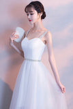 White tulle long A line prom dress white evening dress HZ1023