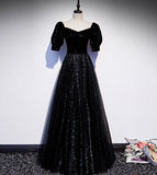 Elegant tulle sequins long prom dress black evening dress HZ1023