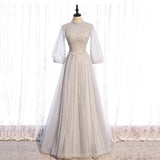 Gray lace sequins long prom gown evening dress HZ1023