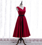 Burgundy v neck satin prom dress homecoming dress HZ1023