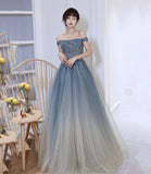 Gray tulle beads long prom dress evening dress HZ1023