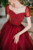 Burgundy Sparkling Beaded A-line Long Tulle Elegant Ball Gown Evening Dress HZ1023