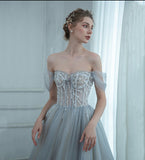 Grey tulle beads long prom dress evening dress HZ1023