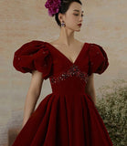 Burgundy velvet long prom dress evening gown HZ1023