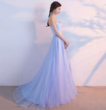 Blue tulle lace long prom dress blue evening gown HZ1023