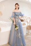 Blue lace long A line prom dress blue evening dress HZ1023