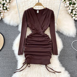 V-neck drawcord pleated sexy slim short Hip Wrap Dress HZ1023