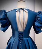 Blue satin long prom dress A line evening gown HZ1023