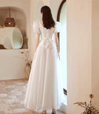 White tulle tea length prom dress white evening dress HZ1023