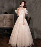 Champagne tulle long prom dress A line evening dress HZ1023
