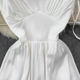 Simple V Neck Short White Dress Fashion Girls Dress HZ1023