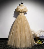 Gold tulle sequins long ball gown dress formal dress HZ1023
