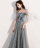 Shiny tulle long prom dress with sequins gray evening dress HZ1023