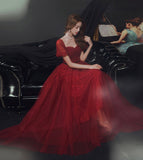 Burgundy tulle long prom dress evening dress HZ1023