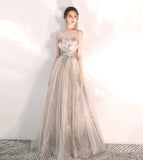 Champagne tulle sequins long A line prom dress HZ1023