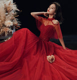 Burgundy tulle sequins long ball gown dress evening gown HZ1023