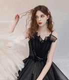 Black tulle long prom dress A line evening dress HZ1023
