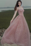 Pink A line prom dress pink tulle evening dress HZ1023