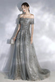 Grey sequins long A line prom dress evening dress HZ1023