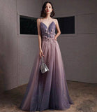 Purple tulle sequins long prom dress A line evening gown HZ1023