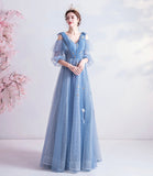Blue v neck tulle long prom dress A line evening dress HZ1023