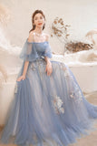 Blue lace long A line prom dress blue evening dress HZ1023
