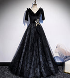 Black velvet lace long prom dress evening dress HZ1023