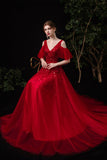Red tulle sequins long A line prom dress red evening dress HZ1023