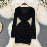 Sexy V Neck Velvet Long Sleeve Dress Fashion Dress HZ1023